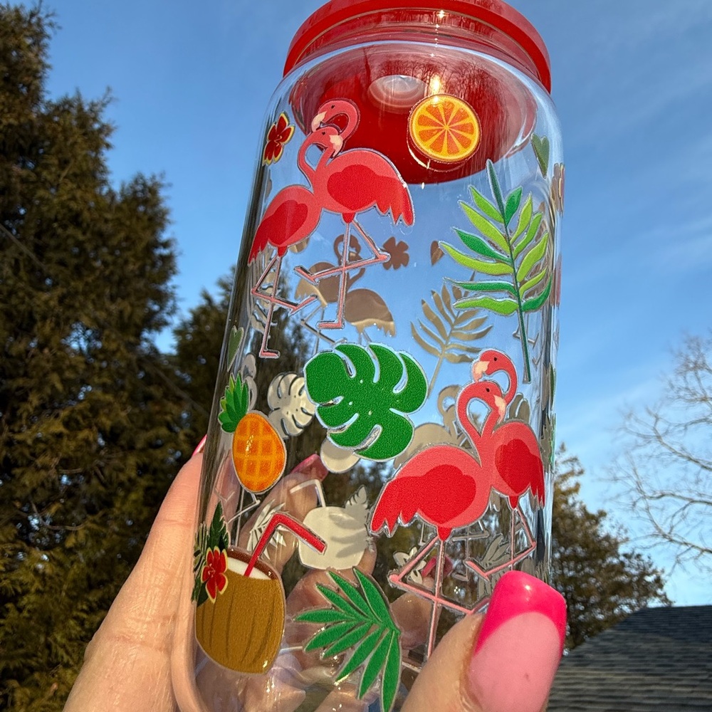 Tropical Flamingo Tumbler with Red Lid